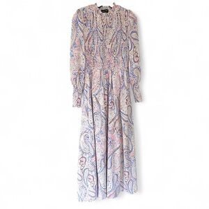 MISSORD Paisley Smocked Mock Neck Maxi Dress Victorian Romantic Poet Modest Sz S